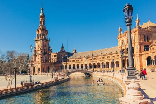 SPAIN, SEVILLE - FEBRUARY 09: View of Beautiful Plaza de Espana, Seville, Spain on February 09, 2013