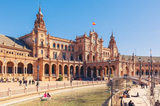 SPAIN, SEVILLE - FEBRUARY 09: View of Beautiful Plaza de Espana, Seville, Spain on February 09, 2013