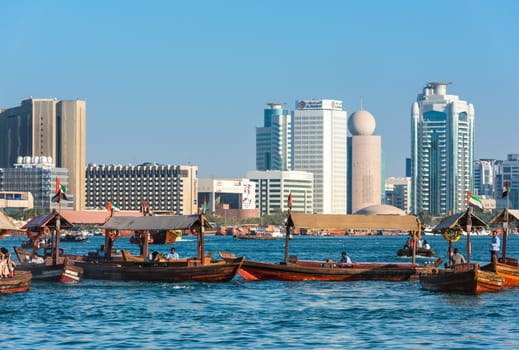 UAE, DUBAI - DECEMBER 27: traditional arabic boats at Dubai creek on December 27, 2014