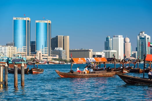 UAE, DUBAI - DECEMBER 27: traditional arabic boats at Dubai creek on December 27, 2014