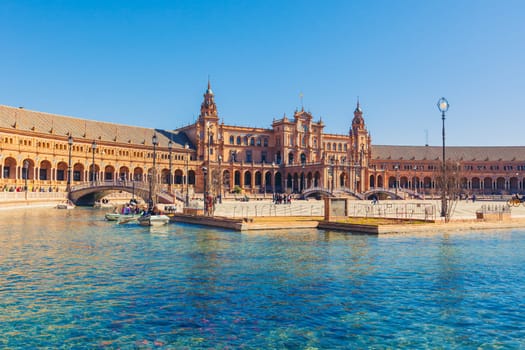 SPAIN, SEVILLE - FEBRUARY 09: View of Beautiful Plaza de Espana, Seville, Spain on February 09, 2013