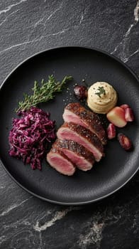 Duck fillet,red cabbage and apple mousse. AI generative.
