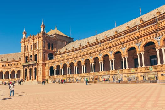 SPAIN, SEVILLE - FEBRUARY 09: View of Beautiful Plaza de Espana, Seville, Spain on February 09, 2013