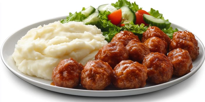 fried meatballs served with creamy mashed potatoes and a fresh green salad. AI generative.