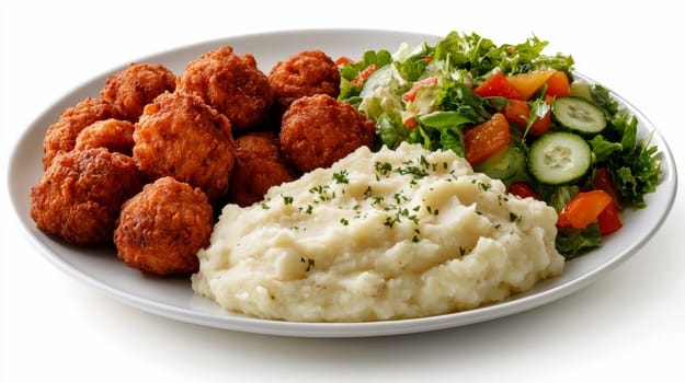 fried meatballs served with creamy mashed potatoes and a fresh green salad. AI generative.