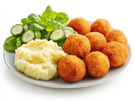 fried meatballs served with creamy mashed potatoes and a fresh green salad. AI generative.