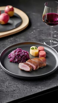 Duck fillet,red cabbage and apple mousse. AI generative.