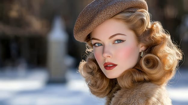 Photographs of women styled in the 1940s-50s taken on the streets of American cities. AI generative.