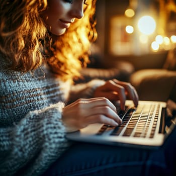 A person sitting comfortably at home makes purchases online. AI generative.