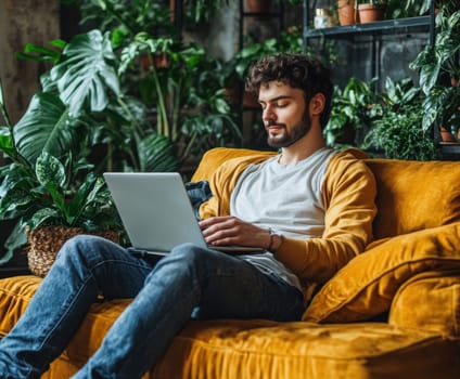 A person sitting comfortably at home makes purchases online. AI generative.