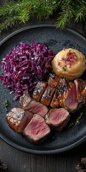 Duck fillet,red cabbage and apple mousse. AI generative.