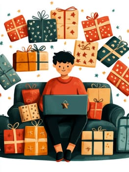 A person sitting comfortably at home makes purchases online. AI generative.