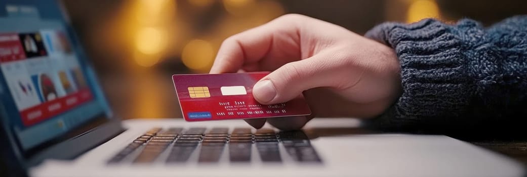 A person sitting comfortably at home makes purchases online. AI generative.