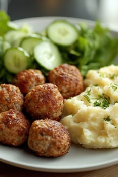 fried meatballs served with creamy mashed potatoes and a fresh green salad. AI generative.