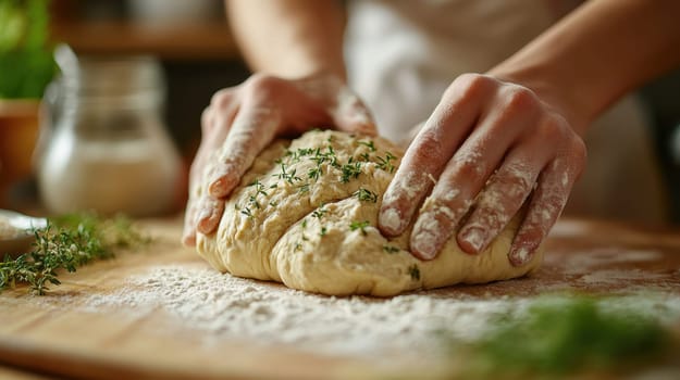 The hands knead the dough on a floured surface and prepare homemade bread in a cozy kitchen environment. AI generative.