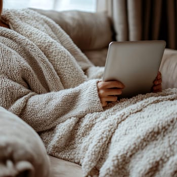 A person sitting comfortably at home makes purchases online. AI generative.