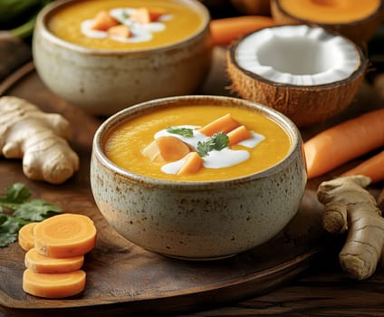 healthy pumpkin soup with ginger carrots and coconut milk . AI generative.