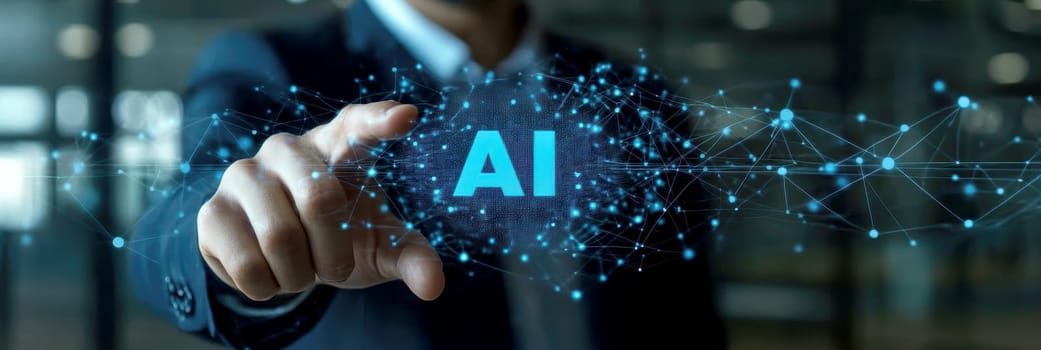 Businessman touches blue AI letters  in cloud. AI generative.