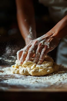 The hands knead the dough on a floured surface and prepare homemade bread in a cozy kitchen environment. AI generative.