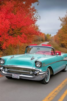 classic car on road with autumn landscape . AI generative.
