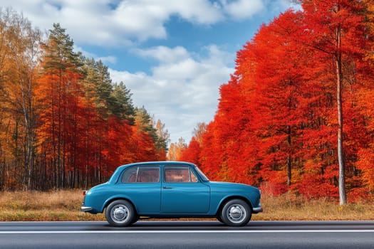 classic car on road with autumn landscape . AI generative.