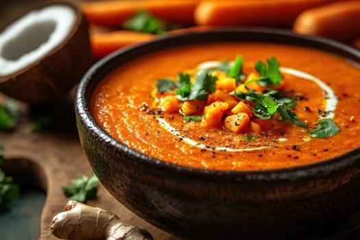 healthy pumpkin soup with ginger carrots and coconut milk . AI generative.
