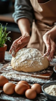 The hands knead the dough on a floured surface and prepare homemade bread in a cozy kitchen environment. AI generative.