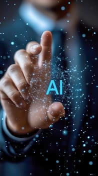 Businessman touches blue AI letters  in cloud. AI generative.