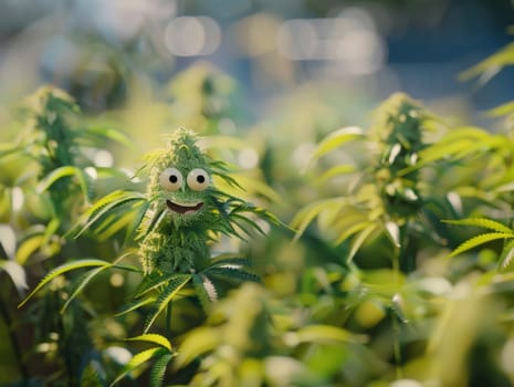 cannibis buds with a happy realistic face on a cannibis plant . AI generative.