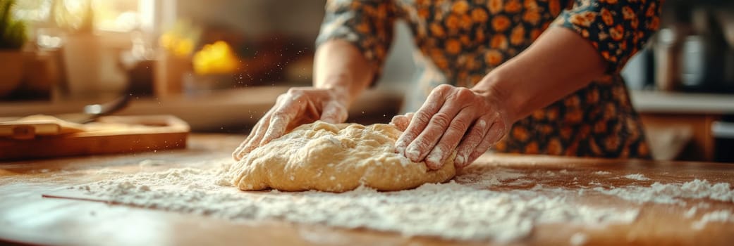 The hands knead the dough on a floured surface and prepare homemade bread in a cozy kitchen environment. AI generative.