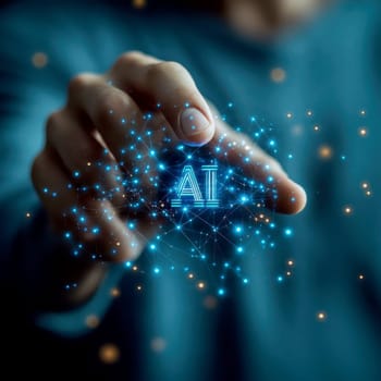 Businessman touches blue AI letters  in cloud. AI generative.