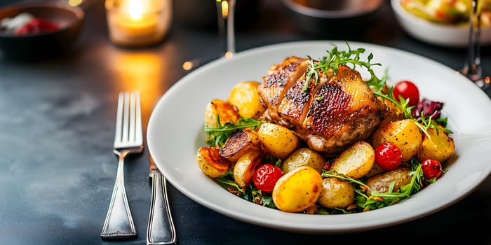 coq au vin served with tender potatoes on a white plate  rustic french dish with rich textures and colors, highlighted by ample copy space. AI generated image