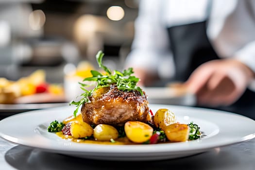 coq au vin served with tender potatoes on a white plate  rustic french dish with rich textures and colors in industrial kitchen. AI generated image