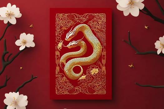 A striking art piece featuring a golden two-headed snake on a red backdrop, framed by blooming cherry blossoms.
