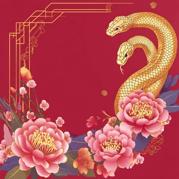 Two golden snakes glide gracefully around vibrant flowers, set against a striking red backdrop symbolizing prosperity and beauty.