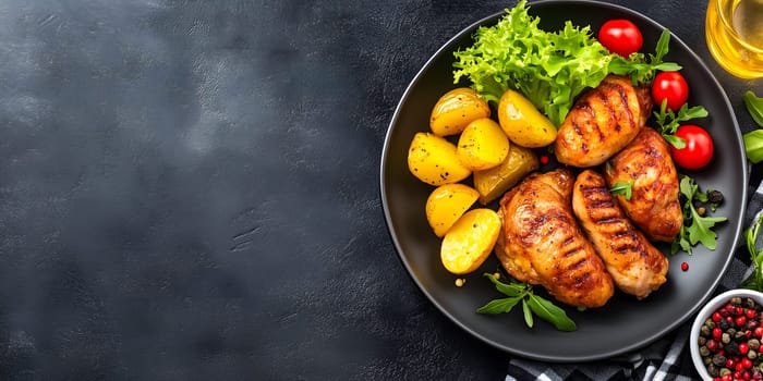 coq au vin served with tender potatoes on a dark plate  rustic french dish with rich textures and colors, highlighted by ample copy space. AI generated image