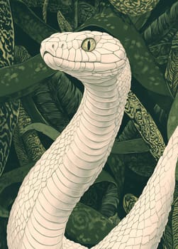 A striking white snake elevates its head among green leaves in a lush jungle, highlighting its unique scales and captivating gaze.