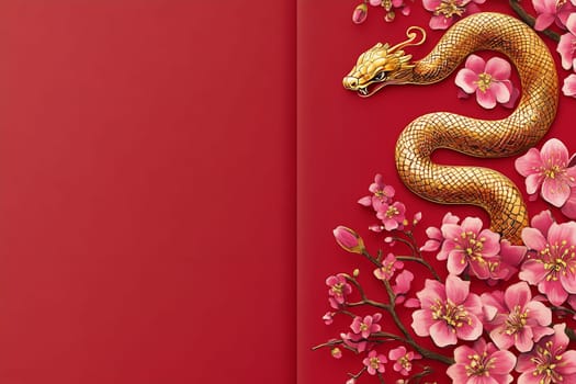 A golden dragon intertwines among pink cherry blossoms on a striking red backdrop, creating a festive and vibrant ambiance.