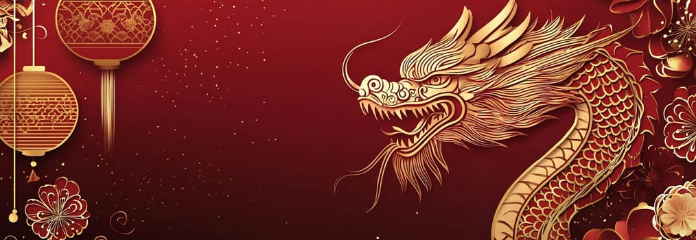 A majestic golden dragon is surrounded by decorative lanterns and floral elements against a rich red backdrop, symbolizing celebration.