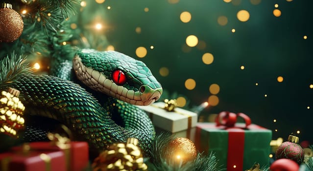 A vibrant green snake rests among colorful holiday gifts and twinkling lights, creating a unique Christmas atmosphere.