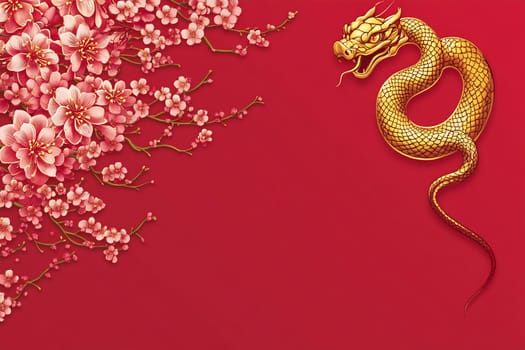 The artwork depicts a golden dragon artistically wrapped around delicate pink cherry blossoms, symbolizing spring and prosperity.