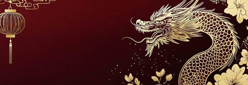 A striking design featuring a golden dragon surrounded by floral motifs against a deep red backdrop, evoking themes of good fortune.