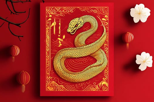 A striking golden snake design on a rich red backdrop, featuring traditional motifs and symbols for lunar new year celebration.