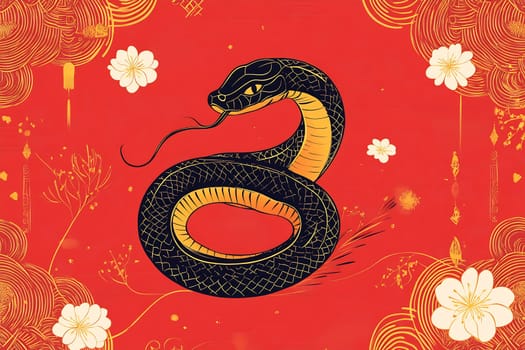 A striking black and yellow snake is coiled amidst floral designs on a bright red background, representing cultural significance and artistry.
