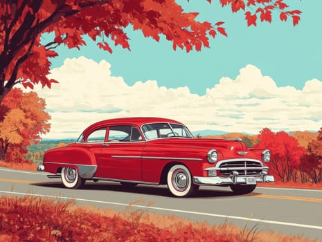 classic car on road with autumn landscape . AI generative.