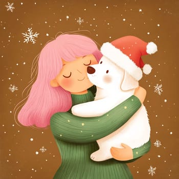 A girl gently embraces her puppy dressed in a Santa hat, smiling warmly amidst a snowy winter backdrop.
