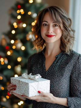 The woman holds a wrapped present and beams with joy in front of a festive Christmas tree adorned with lights and ornaments.