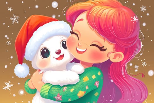 A cheerful girl with colorful hair hugs a small white puppy dressed for the winter holidays, surrounded by falling snowflakes.