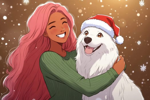 A joyful young woman with long pink hair hugs a fluffy white dog in a Santa hat, surrounded by cheerful winter decorations and snowflakes.