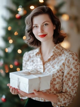 A smiling woman with retro curls displays a wrapped gift, radiating festive cheer next to a vibrant Christmas tree.